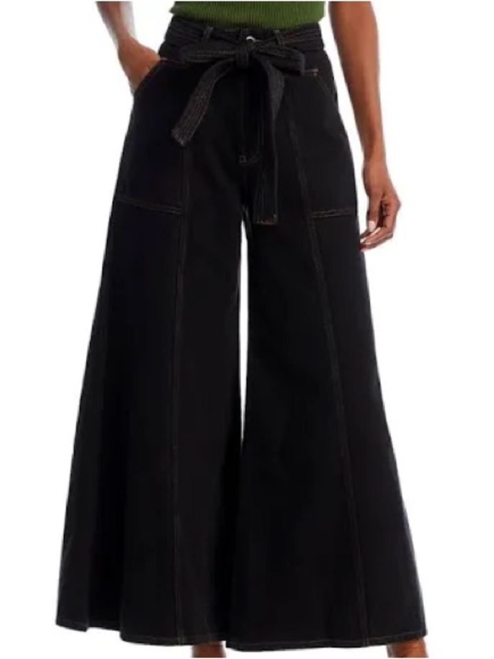 Farm Rio Wide Leg Black Pants with Contrast Stitching and Tie Belt